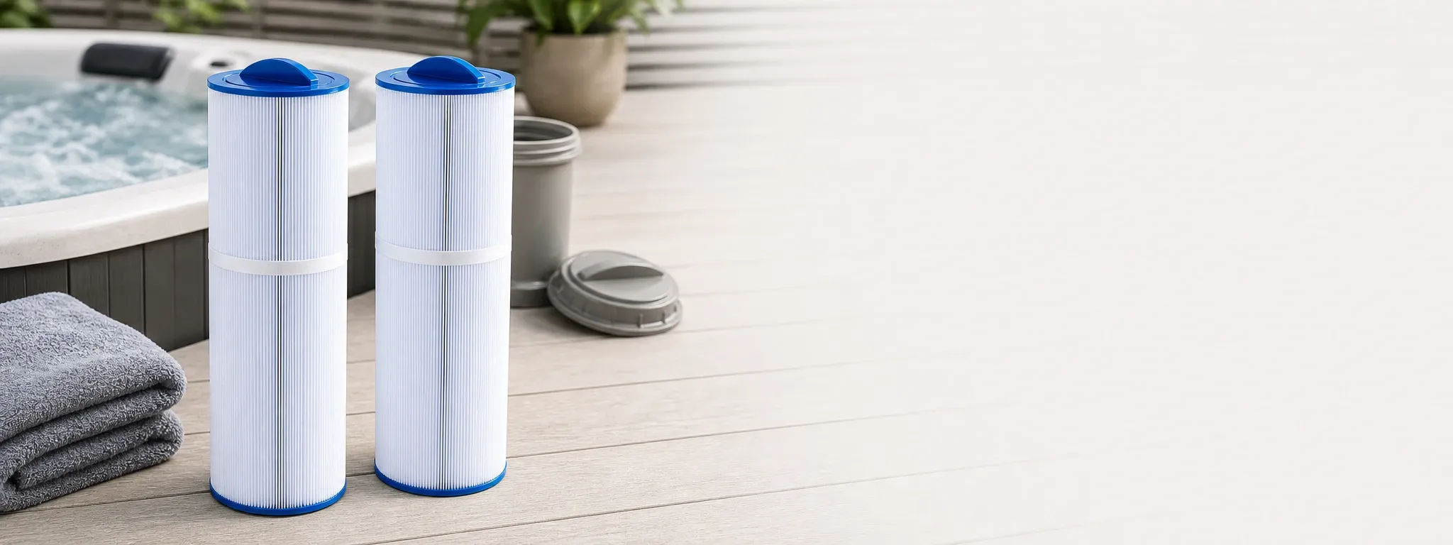 Two white and blue spa filter cartridges standing upright on a wooden deck next to a folded grey towel, with a bubbling hot tub in the background and spa filter lids nearby