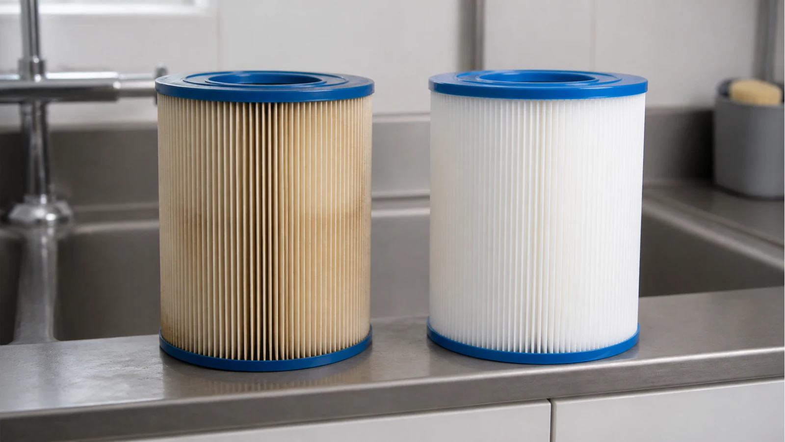 Used hot tub filter next to a clean replacement cartridge on a UK utility sink
