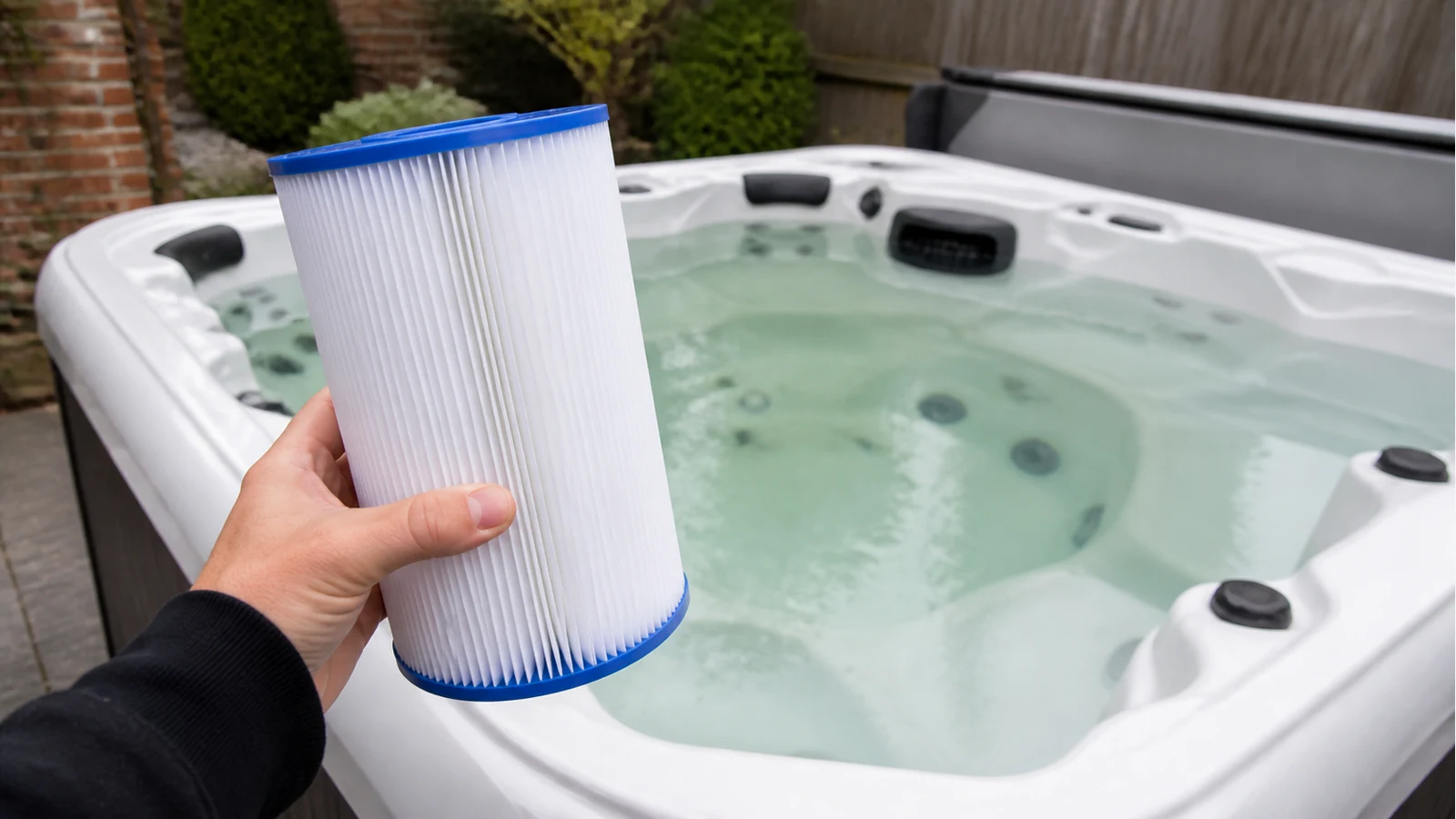 Clean spa filter cartridge held in front of a UK hot tub with cloudy water