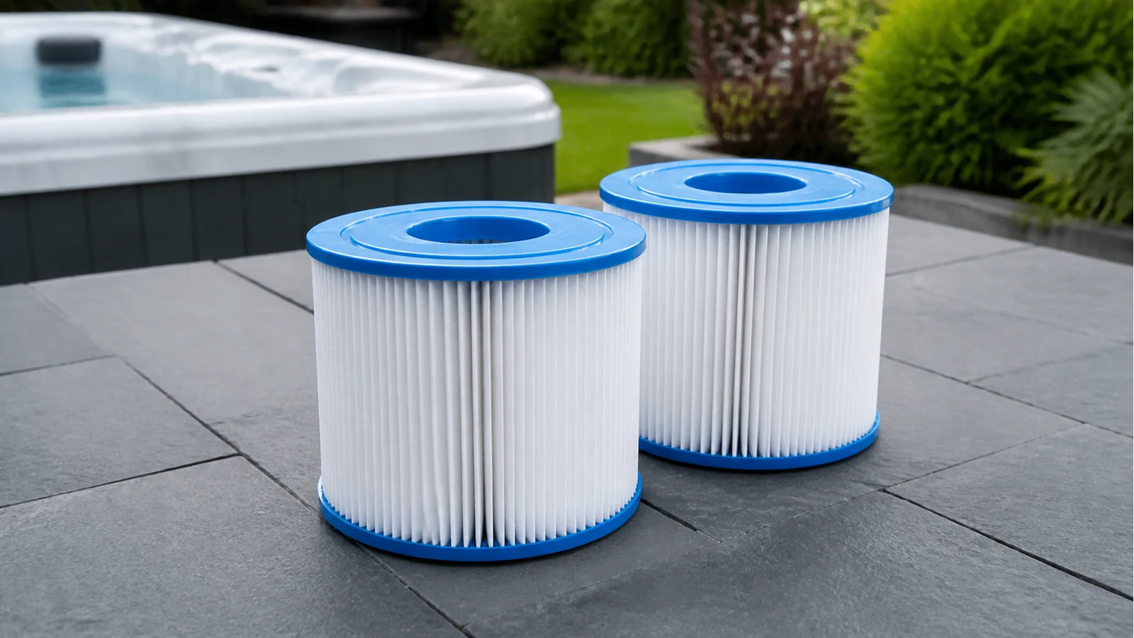Pair of matching hot tub filter cartridges prepared for a UK 2-pack rotation