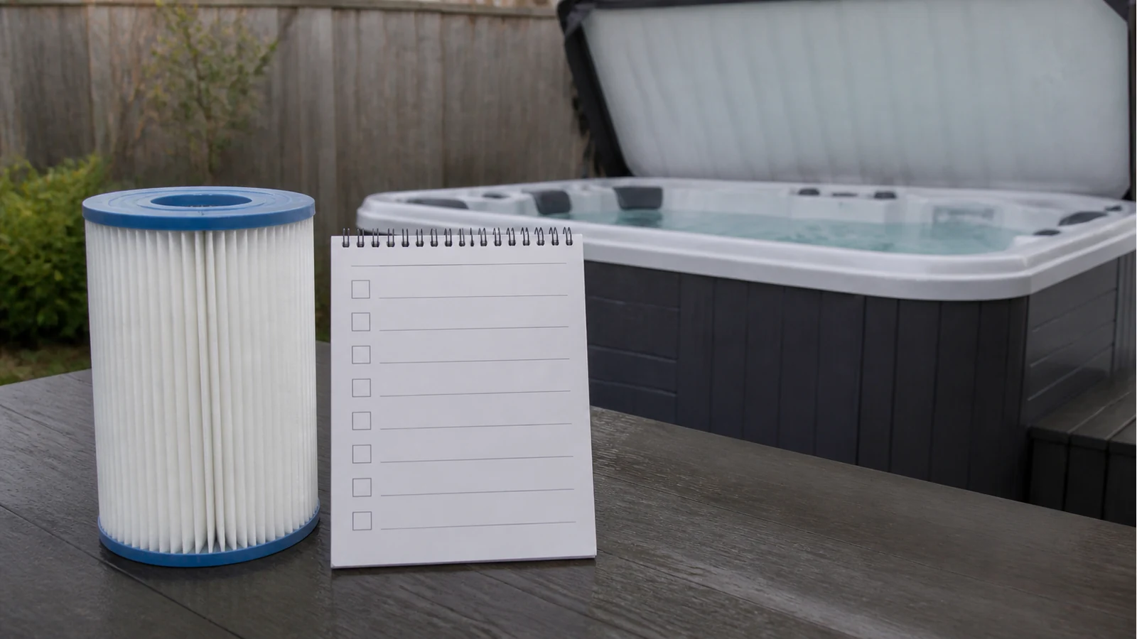 Hot tub filter cartridge next to a simple UK maintenance calendar checklist
