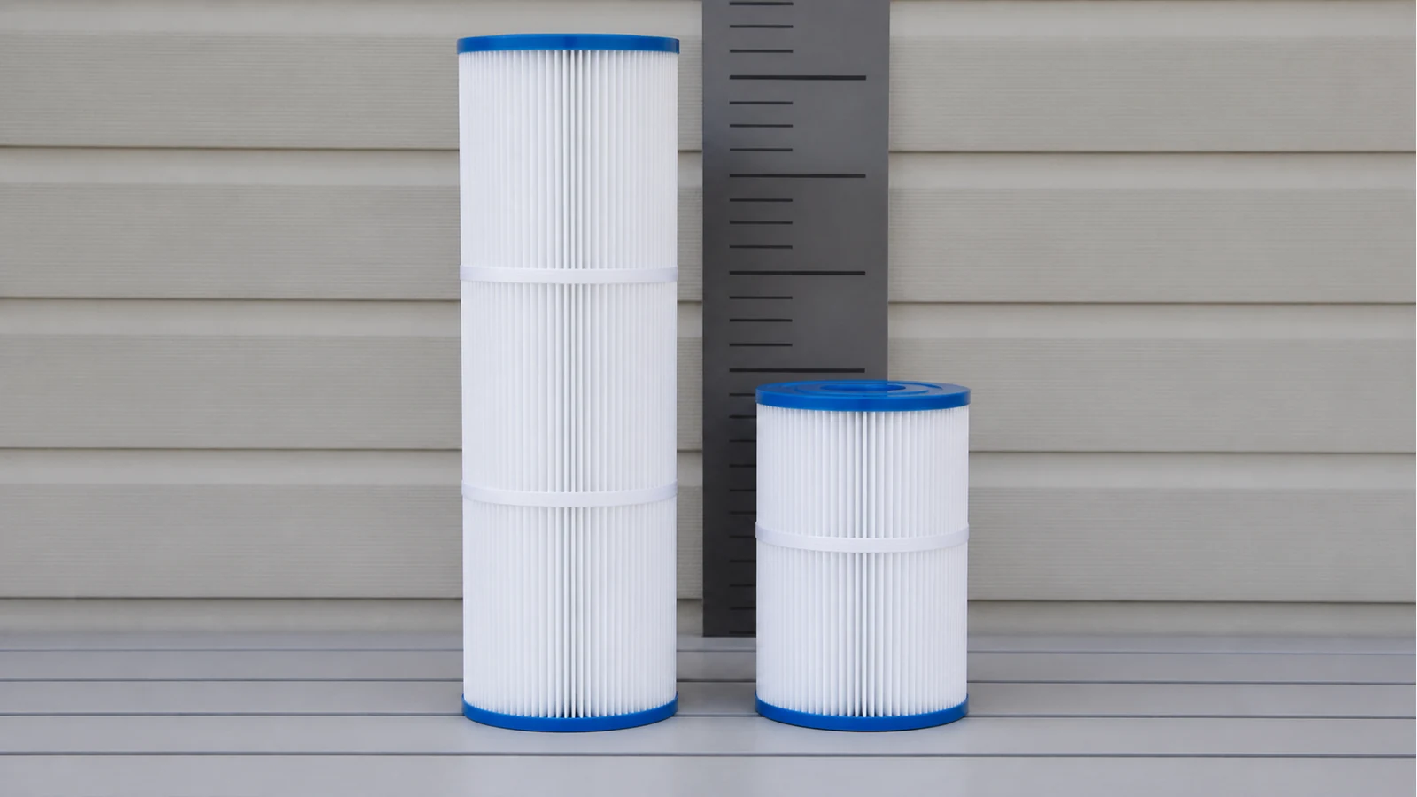 Tall and short spa filter cartridges compared side by side for UK buyers